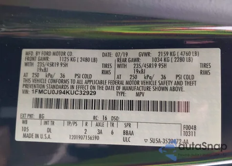 2019 Ford Escape Titanium z USA, uszkodzony, nr VIN 1FMCU0J94KUC32929